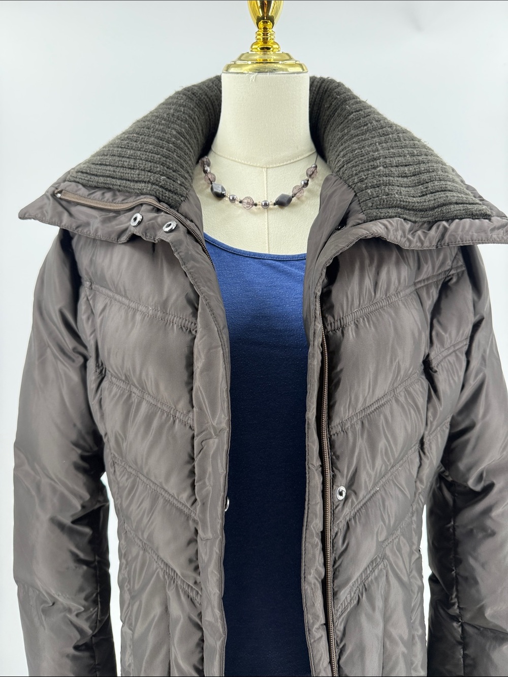 Cole Haan Quilted Puffer Coat in Taupe with Knit Stand Collar
